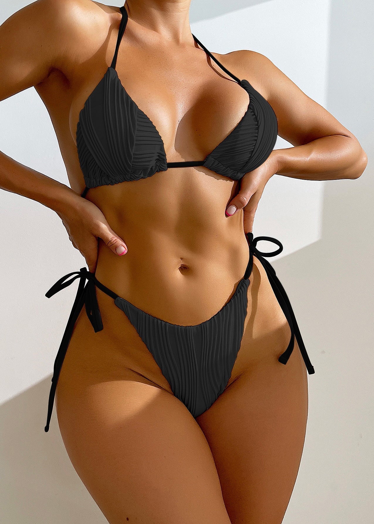 Sexy Apricot Striped Bikini Lace Up Swimwear Set