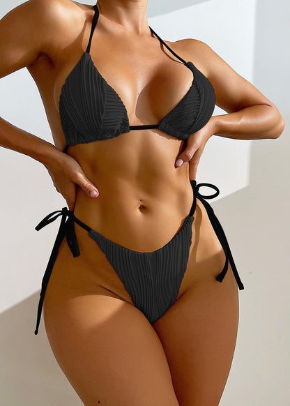 Sexy Apricot Striped Bikini Lace Up Swimwear Set