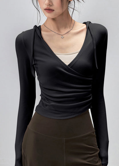 New Pink Wrinkled Patchwork Hooded Sports Top