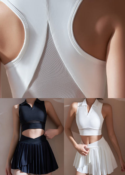 Sexy White Tulle Patchwork Sports Bra And Pleated Skirt Set Suit