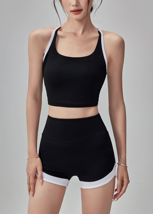 Simple Black Backless Patchwork Gymshark Sports Bra Two Piece Set