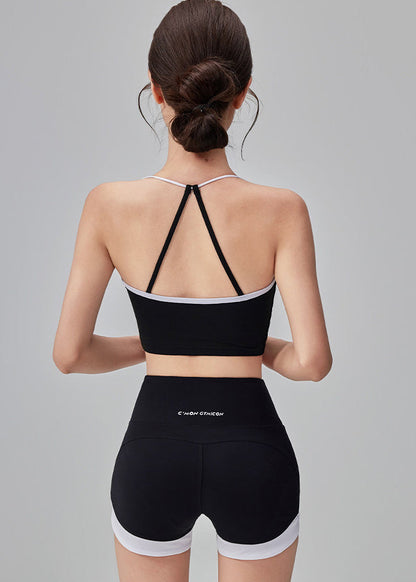 Simple Black Backless Patchwork Gymshark Sports Bra Two Piece Set